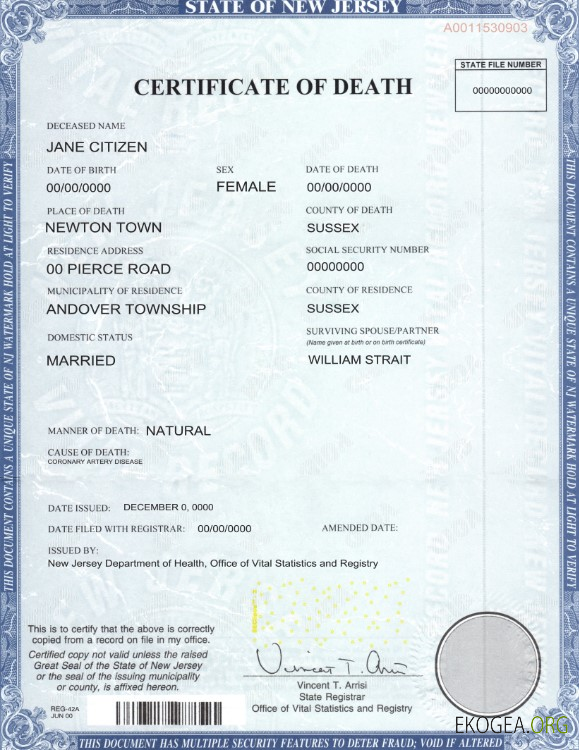 Modèle de certificat de décès de l'État du New Jersey aux États Unis au format PSD